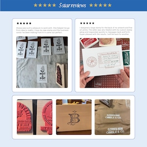 May include: Five customer reviews with five stars each. The reviews are about custom rubber stamps. The first review is about a stamp that says "Not a Pot" with a small flower design. The second review is about a large stamp with a circle design. The third review shows a red stamp with the text "Eleventh Hour Candle & Co." The fourth review shows a stamp with a monogram design. The fifth review shows a stamp with the text "Eleventh Hour Candle & Co."