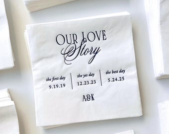 Personalized Love Story Wedding Cocktail Napkin Foil Stamped Custom Napkin Party Supply Engagement or Anniversary Party Beverage Napkin