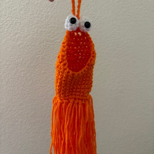 May include: Orange crocheted hanging pouch with a fringe bottom and two white googly eyes.