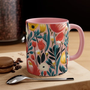 Floral Fantasy - Two-Tone 11 oz Ceramic Coffee Mug with C Handle and Unique Trendy Floral Pattern