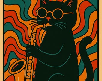Cool Cat Retro Wall Art | Psychedelic Cat Print | Digital Download | Vintage Pop Art Poster | Funky Cat Decor | Printable Artwork
