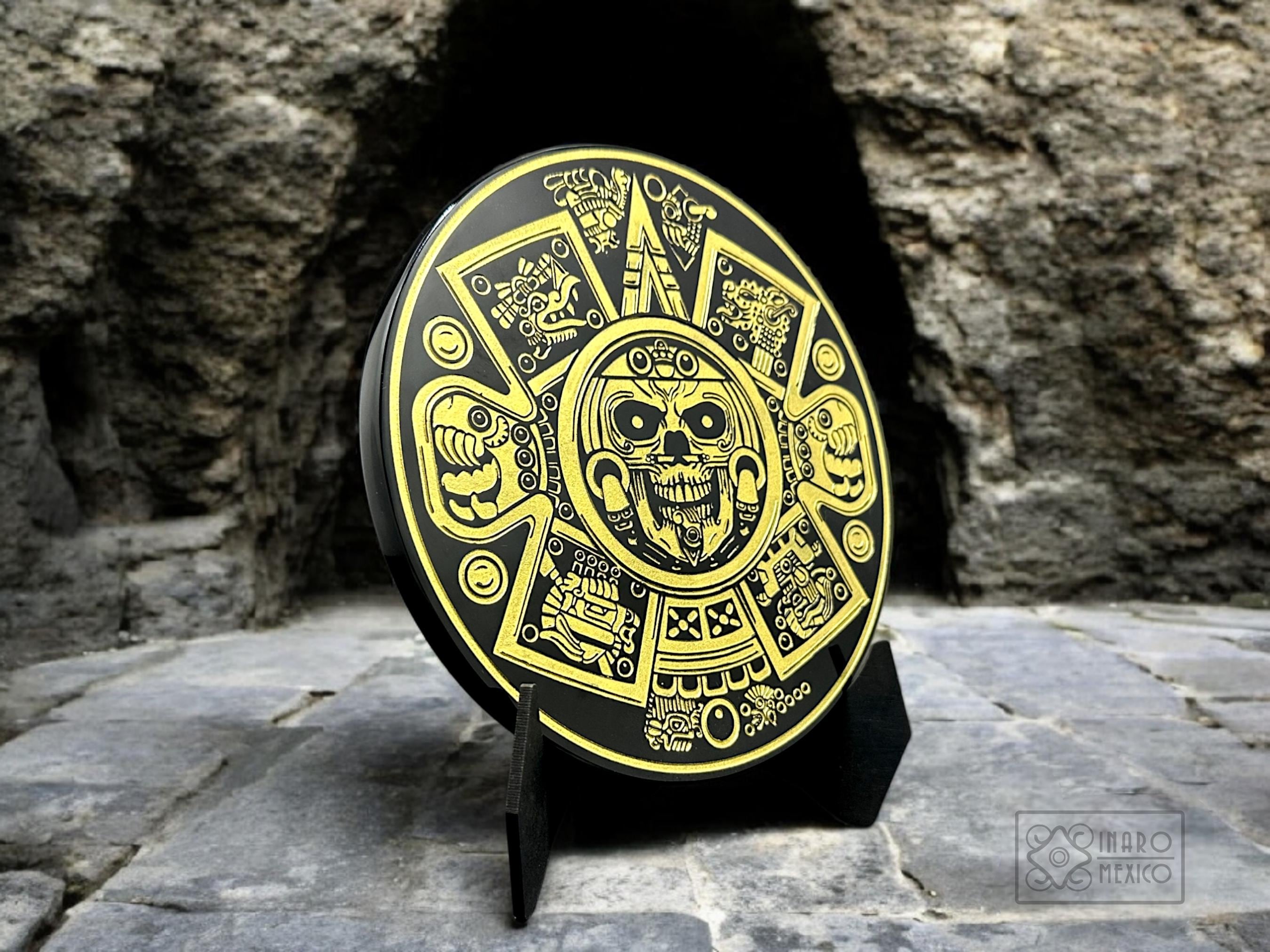 Obsidian Aztec Calendar Mirror | Mexica Five Suns Art | Hand