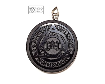 May include: Black pendant with a silver bail. The pendant features a circular design with a triangle inscribed within a circle. The triangle is surrounded by a circle of runes. The center of the pendant features a symbol with a stylized letter H.