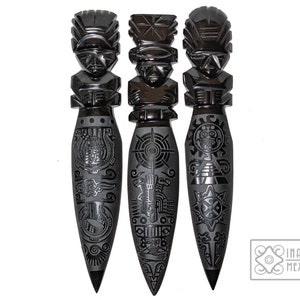 Set of 3 Black Obsidian Ceremonial Daggers with Aztec Engravings – Cosmic Energy, Protection, and Ancestral Wisdom