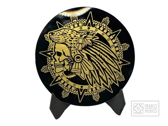 Black Obsidian Mirror – Golden Jaguar Warrior | Mesoamerican