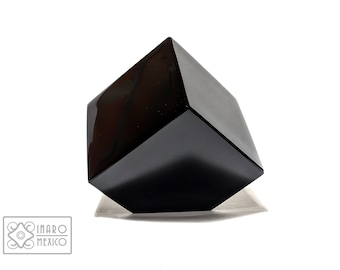 Black Obsidian Cube, Sacred Geometry Decor (3.1"), Hand-Carved