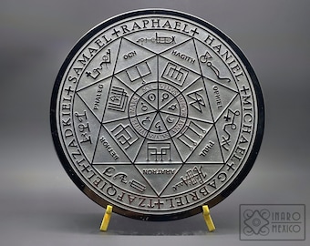 Obsidian disc engraved with the seal of the seven archangels, 8&quot; diameter