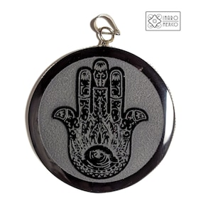 Hamsa, Dije, medallón grabado en Obsidiana negra natural, 2" de diámetro, medalla, Mano de Fátima, Protección, regalo, perzonalizable, 2"
