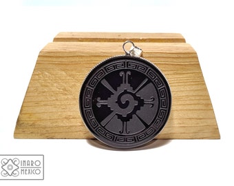 Quincunx Pendant, Toltecayotl Medallion Engraved in Natural Black Obsidian, 2&quot; Diameter, Amulet Medal, Hunab Ku, customized