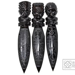 Set of ceremonial obsidian daggers, engraved with symbols of the Mayan cosmovision, . 8&quot;, Mayan knives