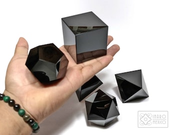 Set of 5 Hand-Carved Black Obsidian Platonic Solids | Sacred Geometry Healing & Meditation Tools | 5 cm Each