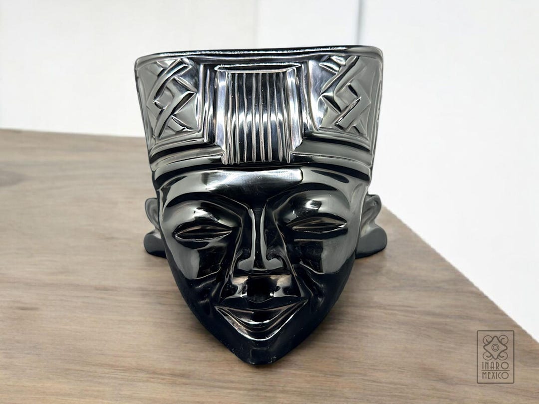 Obsidian Mask, Totonaca Mexican Sculpture, Hand-carved Work