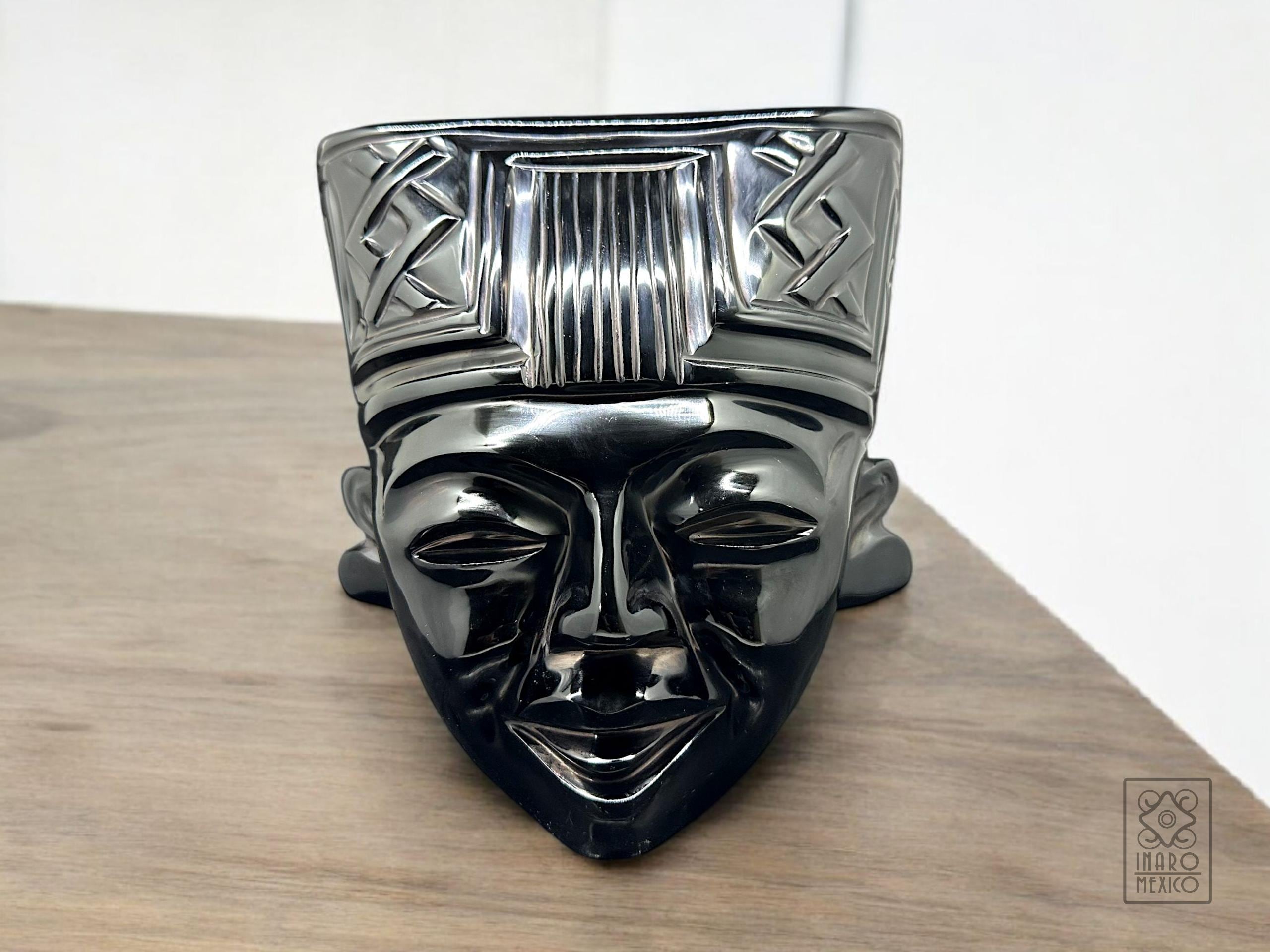 Obsidian Mask, Totonaca Mexican Sculpture, Hand-carved Work