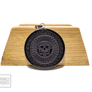 Dying sun disk, Mictlantecuhtli necklace pendant, hand-carved black obsidian medallion, Aztec Symbol 2&quot; (5cm), Customizable, Obsidian viewer