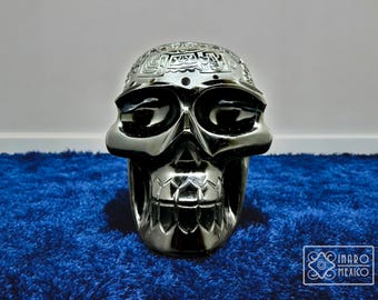 Black Obsidian Skull | Hand-Carved Obsidian Sculpture – Mystical Tzompantli | Mexican Lapidary Art, Decorative Gift – 13 cm (5&quot;)
