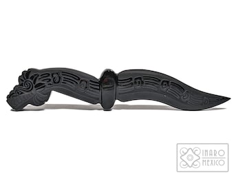Black Obsidian Quetzalcoatl Knife: Teotihuacan Ceremonial Knife, 10" Hand-Carved
