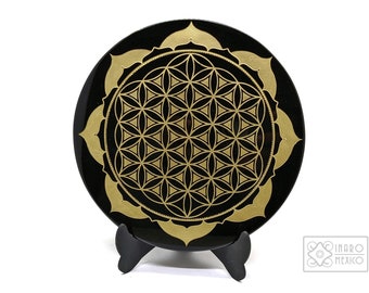 Flor de la vida, disco de obsidiana grabado con figuras geométricas, basado en el diseño del cubo de metatrón, 9" (23 cm) de diámetro