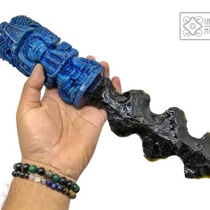 Daga Ceremonial, Obsidiana Negra, Sacerdotisa Maya, mango de resina, malaquita y arena , 12&quot; Athame, Cuchillo de Obsidiana Mexicana