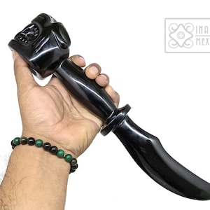 Cuchillo de Obsidiana, Daga de Jaguar (Balam/Ocelotl) tallado en el mango y la hoja. pieza única 12&quot;, Obsidiana negra natural, arte Mexicano