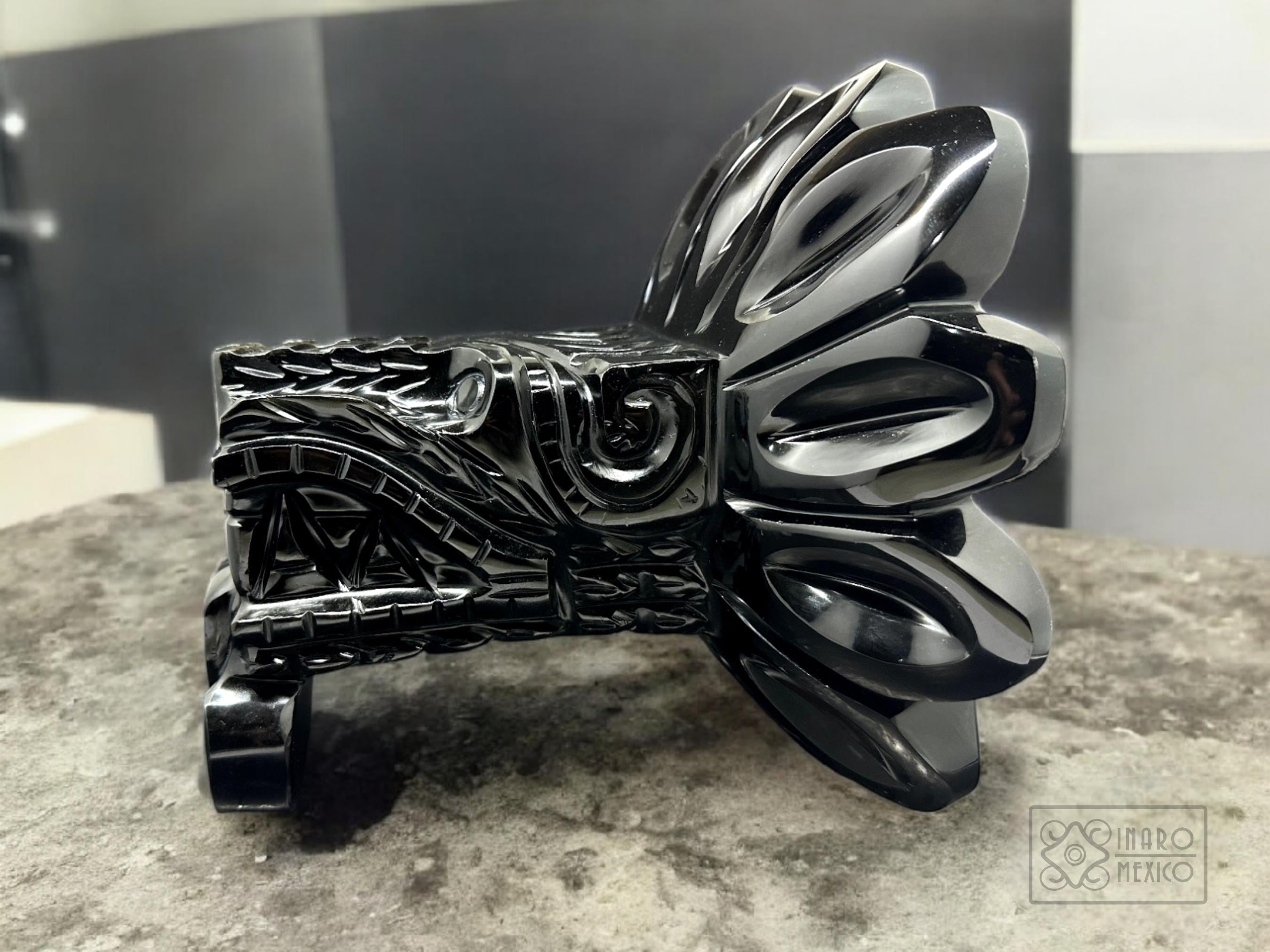 Black Obsidian Quetzalcoatl Head, Carved and Polished With Special
