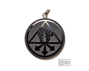 Perfect red king (Tattoo of John Constantine) engraved symbol in natural black Obsidian pendant, 2&quot; diameter, medal,protection