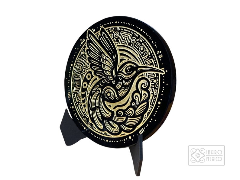 Hummingbird With Aztec Design Hummingbird Mirror, Based on Aztec Symbol, Engraved in Black Obsidian ...