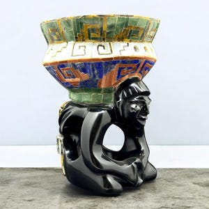 Huehueteotl Fire God Sculpture in Black Obsidian with Gemstone Inlays | Mesoamerican Sacred Art |  Mexican obsidian | 6” Tall