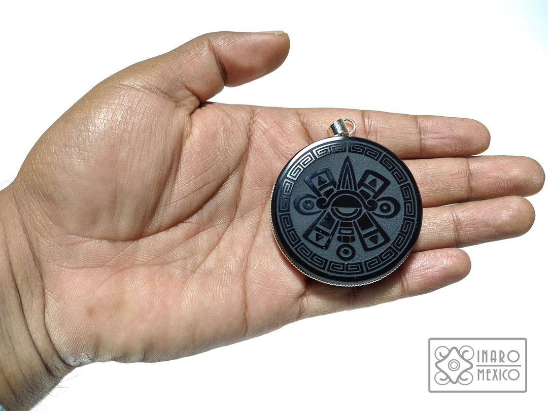 Black Obsidian Pendant Engraved Aztec Nahui Ollin Quincunx Amulet