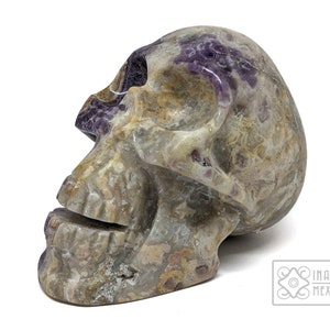 Puede incluir: Una calavera de piedra tallada con un diseño detallado. La calavera presenta una mezcla de colores, incluyendo morado, beige y gris. La boca está abierta y las cuencas de los ojos son visibles. Es un objeto decorativo.