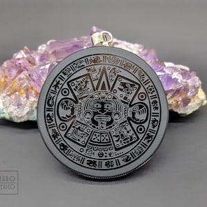Solar Disk, Aztec Calendar, (the 5 suns of the sun stone), obsidian mirror, natural black Obsidian viewer, 2 "diameter, amulet, customizable