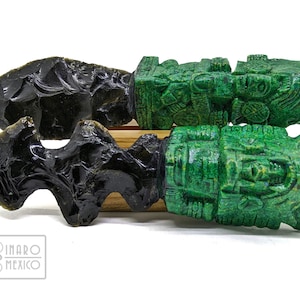 Jaguar Ceremonial Daggers, Black Obsidian, Warriors made of resin, malachite dust, and sand, 9&quot;, Maya knife, Mexican art for home decor