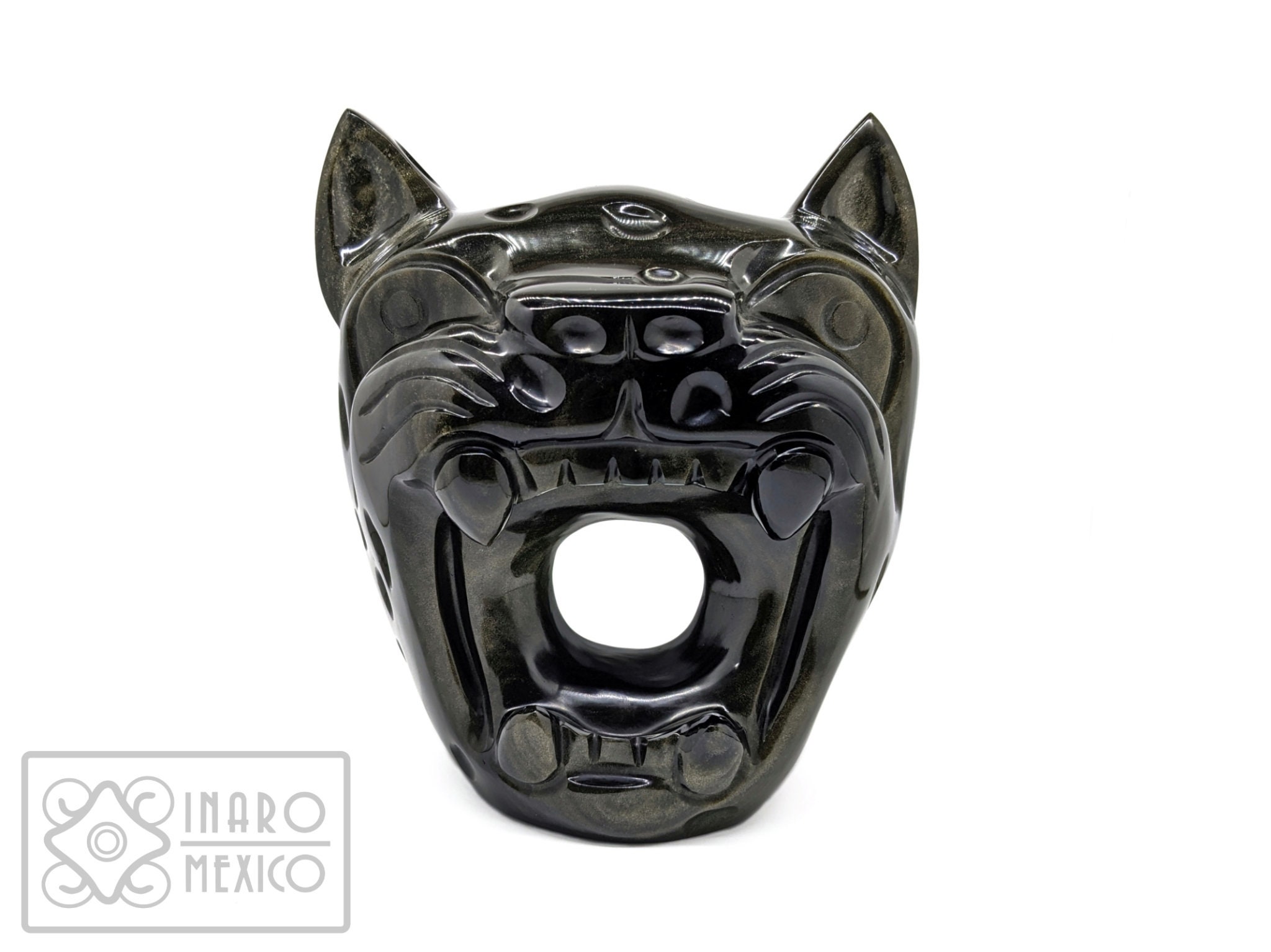 Black Obsidian Sculpture, Jaguar Mask, Hand-Carved in Obsidian, 9", Ek Balam