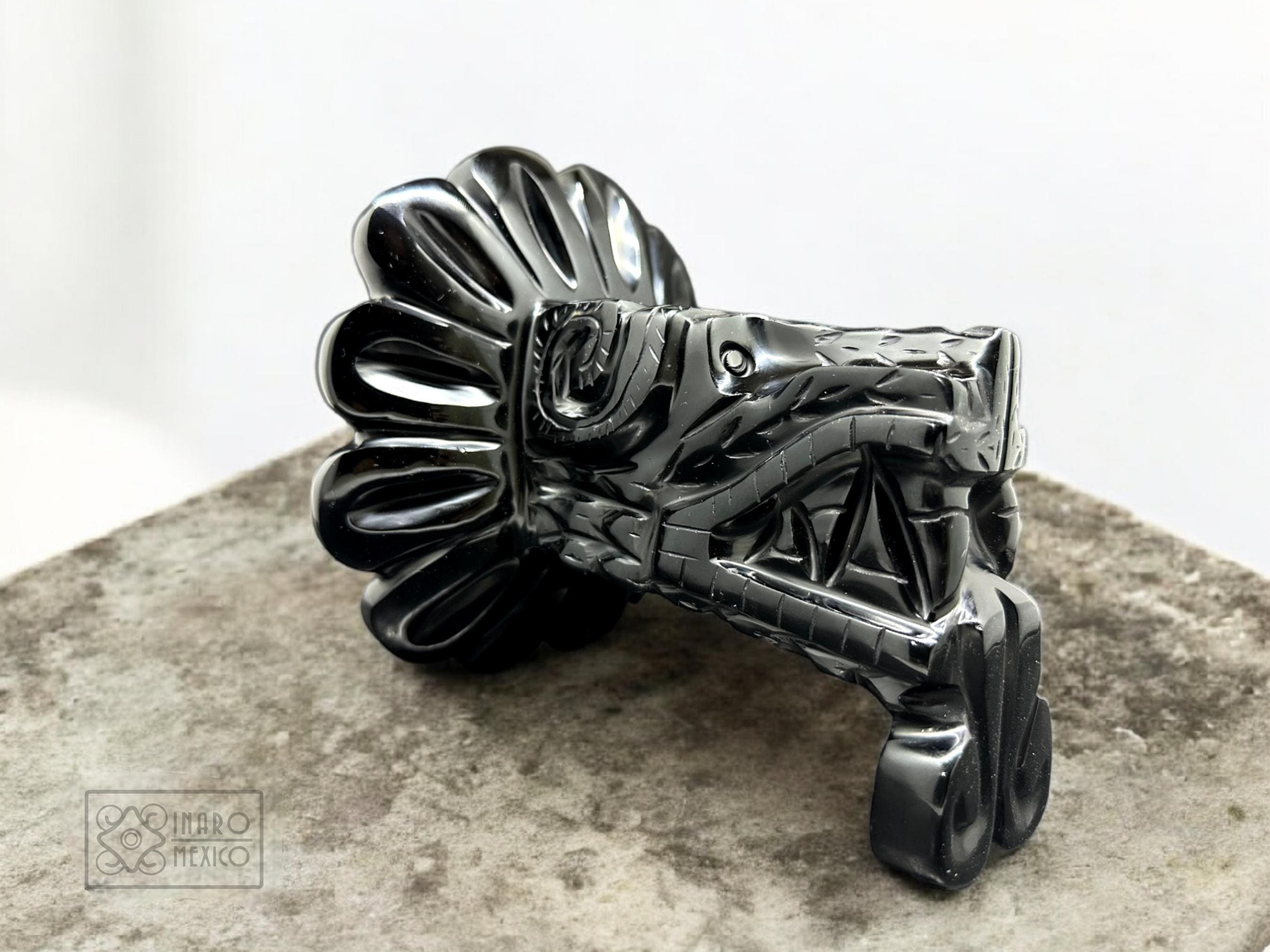 Black Obsidian Quetzalcoatl Head, Carved and Polished With Special