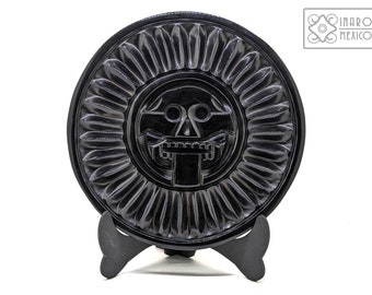 Hand carved black obsidian sun disk, 10&quot; (25cm) diameter, Mictlantecutli