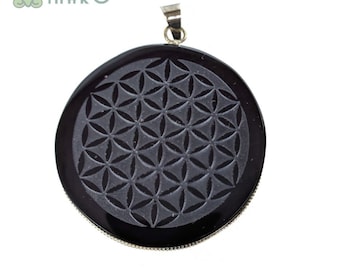 Flower of life pendant, obsidian mirror engraving, decoration, mandala 5cm, cuztomizable.