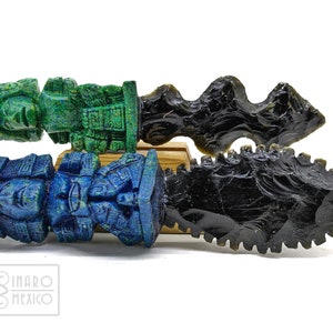 Ceremonial Daggers set, Black Obsidian Knives, Ah-Cuxtal, Maya God, made of resin and sand on the handle, 9.2&quot; Athame, Obsidian blade