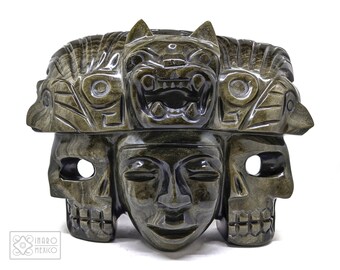 Dual Mask &quot;Nocturnal and Diurnal Balance&quot; Hand-Carved in Golden Obsidian, Life and Death, with Jaguar and Quetzal. 10.2&quot;