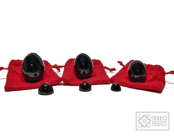 Therapeutic Yoni Set: Natural Obsidian. set of 3 yoni eggs and 3 omis, hand-carved in black obsidian. High quality.
