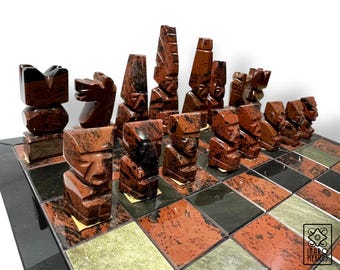 Obsidian Chess Set – Board with Aztec Characters, Hand-Carved