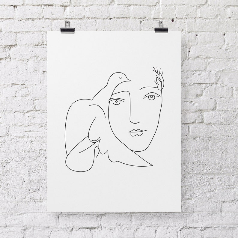Pablo Picasso Line Drawing Print Line Art Woman With Bird Etsy