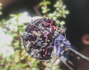 May include: A close-up of a metal spoon filled with dried hibiscus and blue flowers. The flowers are a mix of red, purple, and blue.