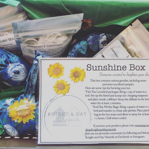 Sunshine Gift Box! Mug. Tea Diffuser. Tea Samples. Pottery mug. Tea cup and saucer. Looseleaf. Organic Teas. Hot Tea. Iced Tea. Earrings