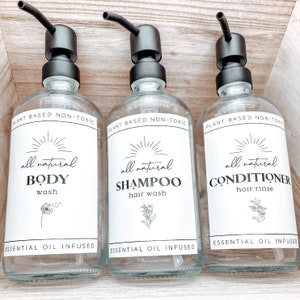 Set of 3 Bath & Body Labels | Shampoo | Conditioner | Body Wash Label Set | Set of 3 Glass Bottle Labels | Essential Oil Labels