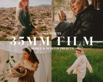 Op de afbeelding: Een collage van vier afbeeldingen met mensen die casual kleding dragen in buitenomgevingen. De afbeeldingen zijn in een rasterpatroon gerangschikt en hebben een vintage film-esthetiek. De tekst "35MM FILM" is over de afbeeldingen gelegd, samen met de woorden "MAPRESETS" en "MOBILE & DESKTOP PRESETS".