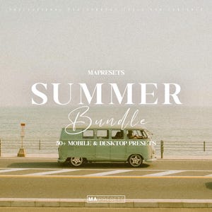 May include: A vintage-style image featuring a light green van driving along a coastal road. The text "SUMMER Bundle" is prominently displayed, along with "50+ MOBILE & DESKTOP PRESETS". The image has a retro aesthetic.