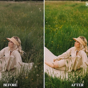 May include: A woman wearing a beige shirt and shorts sits on a white blanket in a field of green grass. She is wearing a straw hat with a visor and has her eyes closed. The image is labeled "BEFORE" and "AFTER" with a watermark that says "MA PRESETS".