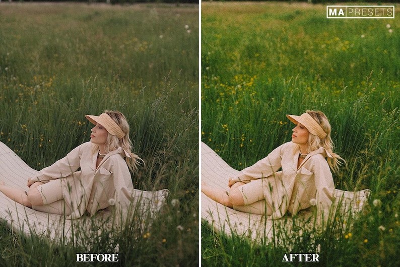 May include: A woman wearing a beige shirt and shorts sits on a white blanket in a field of green grass. She is wearing a straw hat with a visor and has her eyes closed. The image is labeled "BEFORE" and "AFTER" with a watermark that says "MA PRESETS".