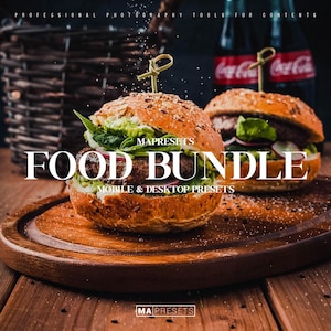 May include: Two gourmet burgers on a wooden plate with the text "MAPRESETS FOOD BUNDLE MOBILE & DESKTOP PRESETS" and the logo "MA PRESETS".
