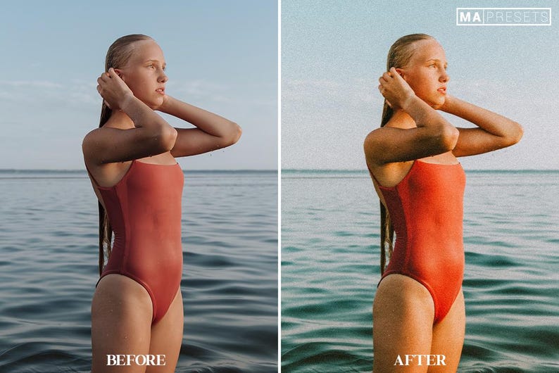 May include: A woman in a red swimsuit stands in the water, looking to the right. The water is a light blue color and the sky is a light blue color. The woman has long brown hair and is wearing a red swimsuit. The image is taken from a low angle.