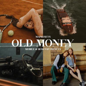 Puede incluir: Un collage de cuatro imágenes que muestran una estética vintage. La imagen superior izquierda muestra una cancha de tenis con una raqueta de tenis y una pelota de tenis. La imagen superior derecha muestra un bote de madera en un cuerpo de agua. La imagen inferior izquierda muestra el interior de un automóvil vintage con un volante y un tablero. La imagen inferior derecha muestra a dos personas sentadas en un muro de piedra. El texto "MAPRESETS OLD MONEY MOBILE & DESKTOP PRESETS" se muestra en el centro del collage.